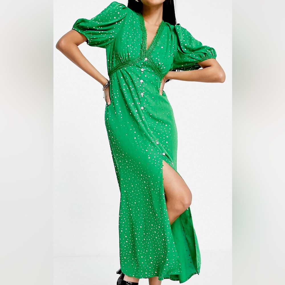 Never Fully Dressed midaxi tea dress in green star print